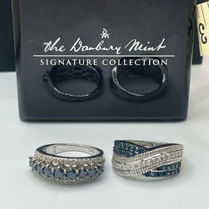 Two Sterling Silver Danbury Mint Signature Blue & White Pave Diamond Rings